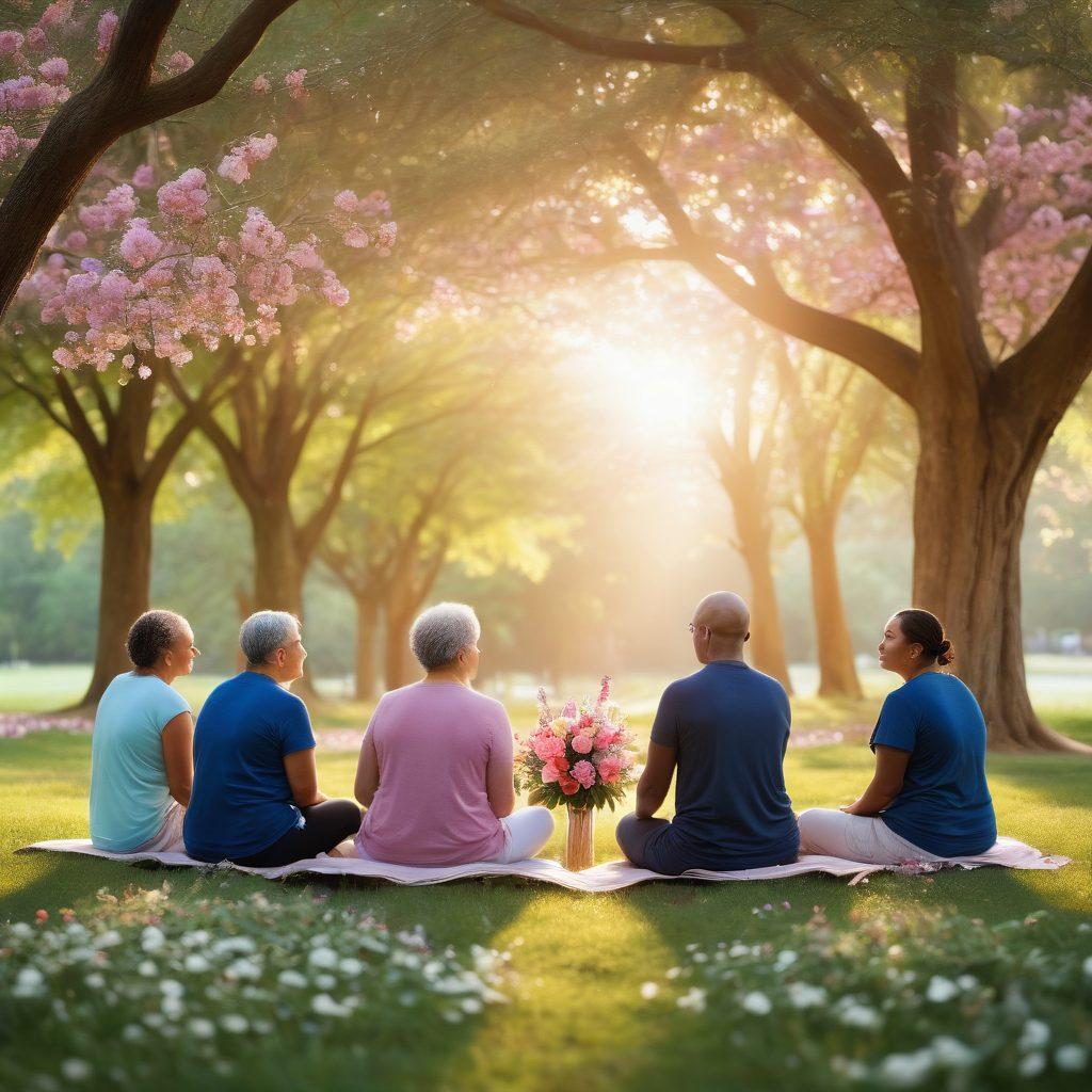 A compassionate scene showcasing a diverse group of cancer survivors sharing their stories in a supportive community circle. Each person should display a mix of emotions: hope, resilience, and strength. Surrounding them are symbols of healing like ribbons and flowers, emphasizing unity and support. The background should be warm and inviting, with soft light filtering through trees, creating a tranquil atmosphere. super-realistic. vibrant colors. warm lighting.