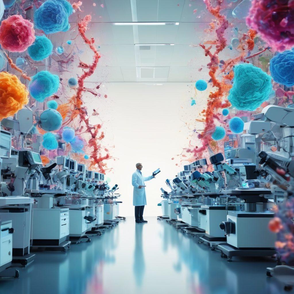 A dynamic collage depicting a scientist in a lab exploring advanced cancer therapies, surrounded by futuristic medical equipment and vibrant cells under a microscope. Include abstract representations of DNA strands and cancer cells being targeted by innovative treatments. Convey a sense of hope with bright colors and uplifting imagery that symbolizes breakthrough research. The setting should feel modern and high-tech. super-realistic. vibrant colors. white background.
