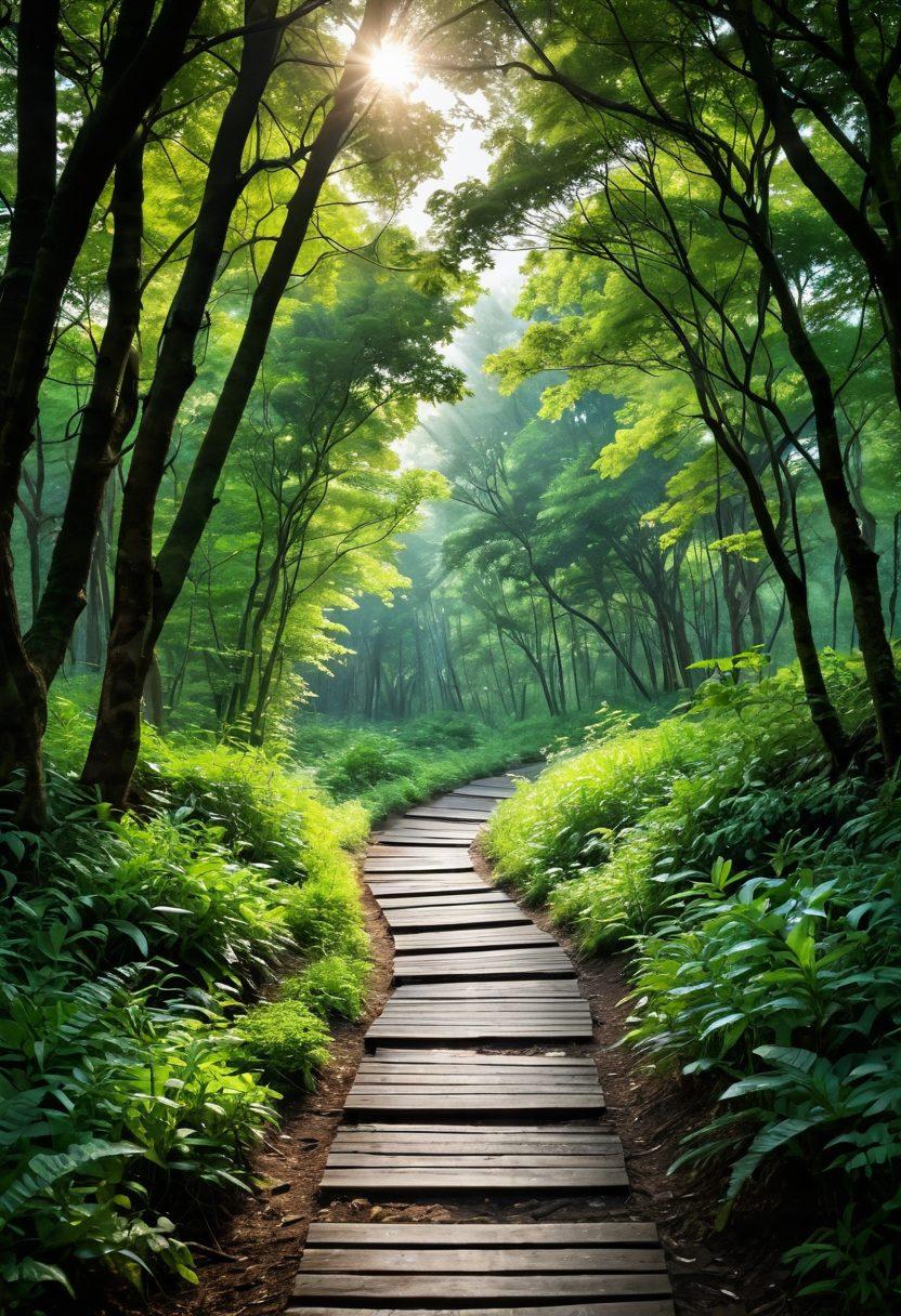A serene pathway winding through a lush green forest, symbolizing the journey of cancer prevention and care. Along the path, display vibrant infographics of healthy lifestyle choices, such as fruits, exercise, and medical check-ups. Include gentle sunlight streaming through the trees to evoke a sense of hope and positivity. The scene should be calming yet informative, with a hopeful atmosphere. super-realistic. vibrant colors. soft focus.